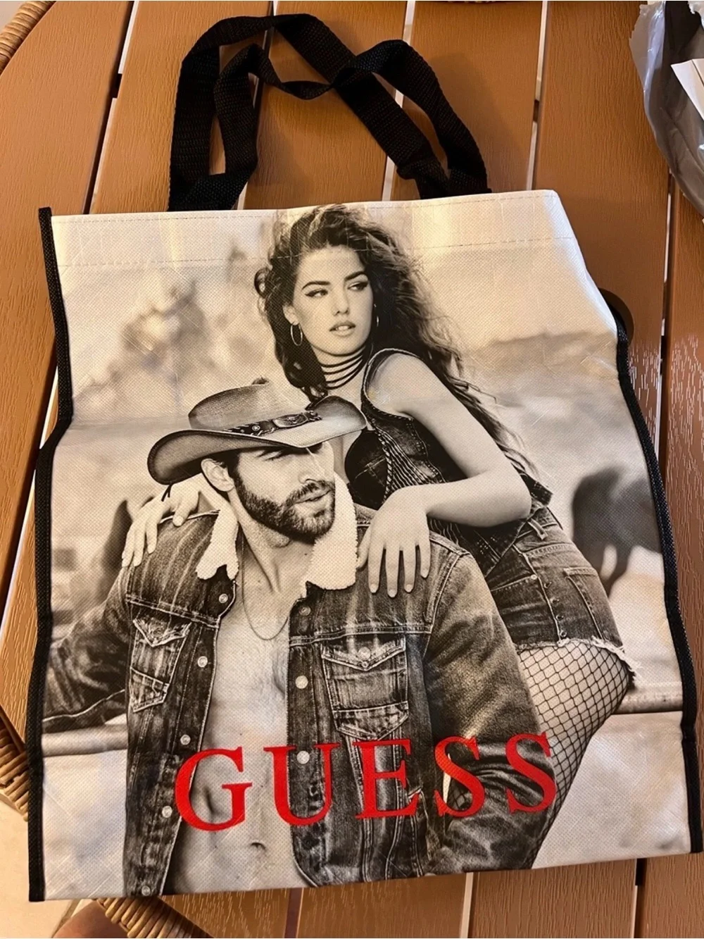 GUESS Black & White Graphic Tote with Red Logo